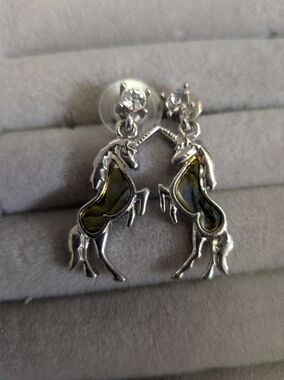 Vintage Silver Abalone Unicorn Horse Dangle Earrings - Women Jewelry